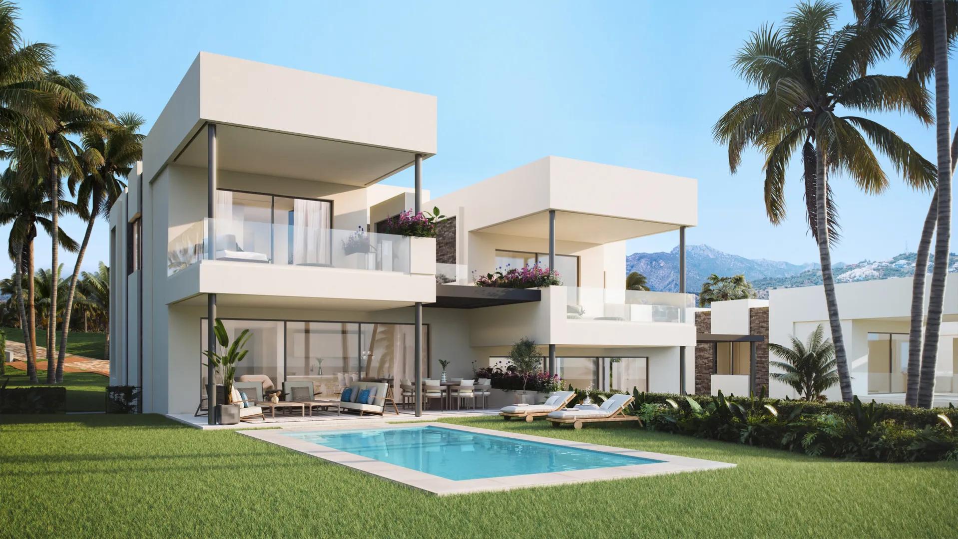 Villas adosadas contemporáneas en Santa Clara, Marbella con piscinas y vistas al golf